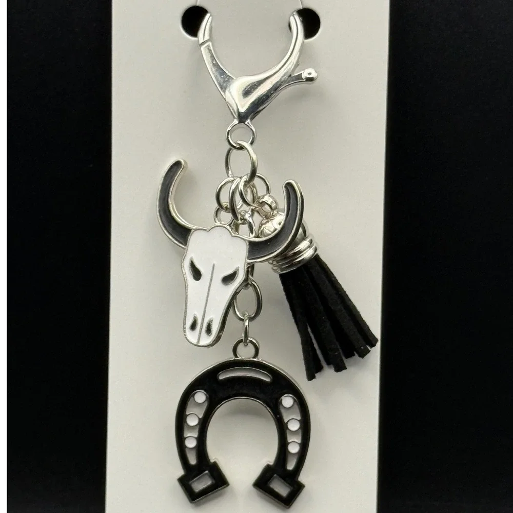 Western Bull Skull Horseshoe Tassel Keychain Bag Charm Silver Black White Enamel